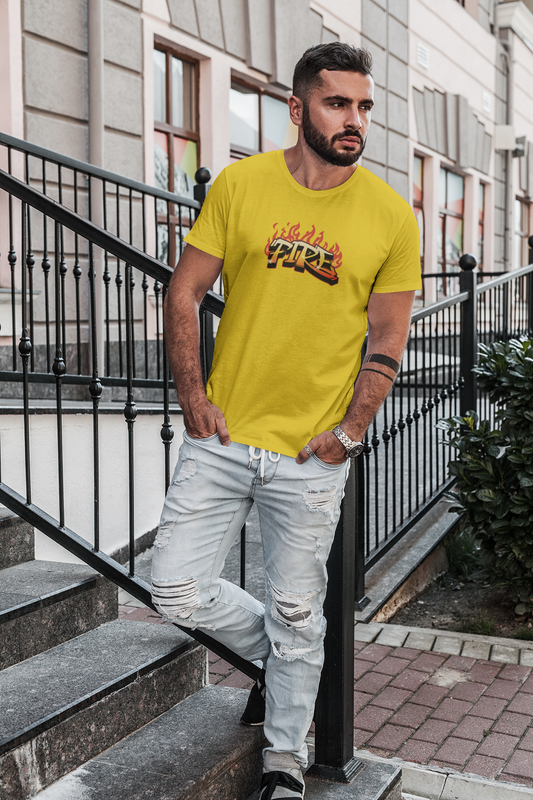 Fire Half Sleeve Yellow Round Neck T-Shirt for Men Casual