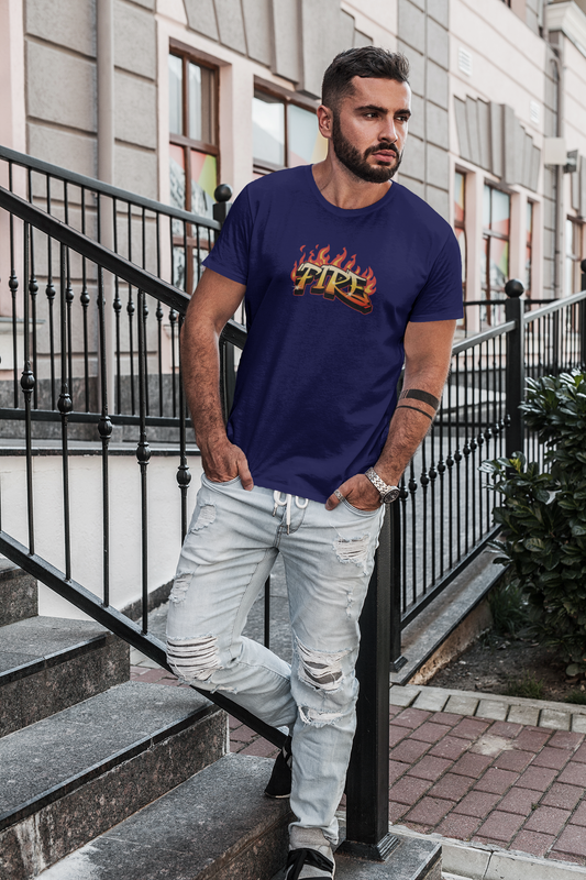 Fire Half Sleeve Navy Blue Round Neck T-Shirt for Men Casual