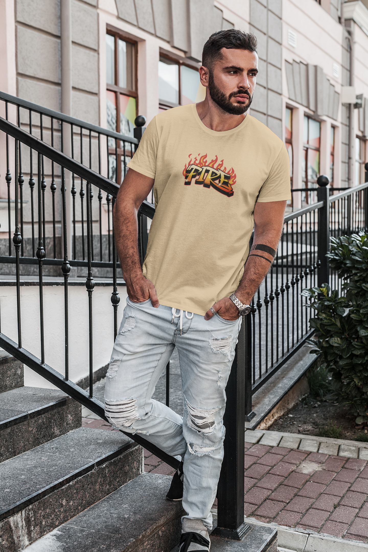 Fire Half Sleeve Beige Round Neck T-Shirt for Men – Comfort