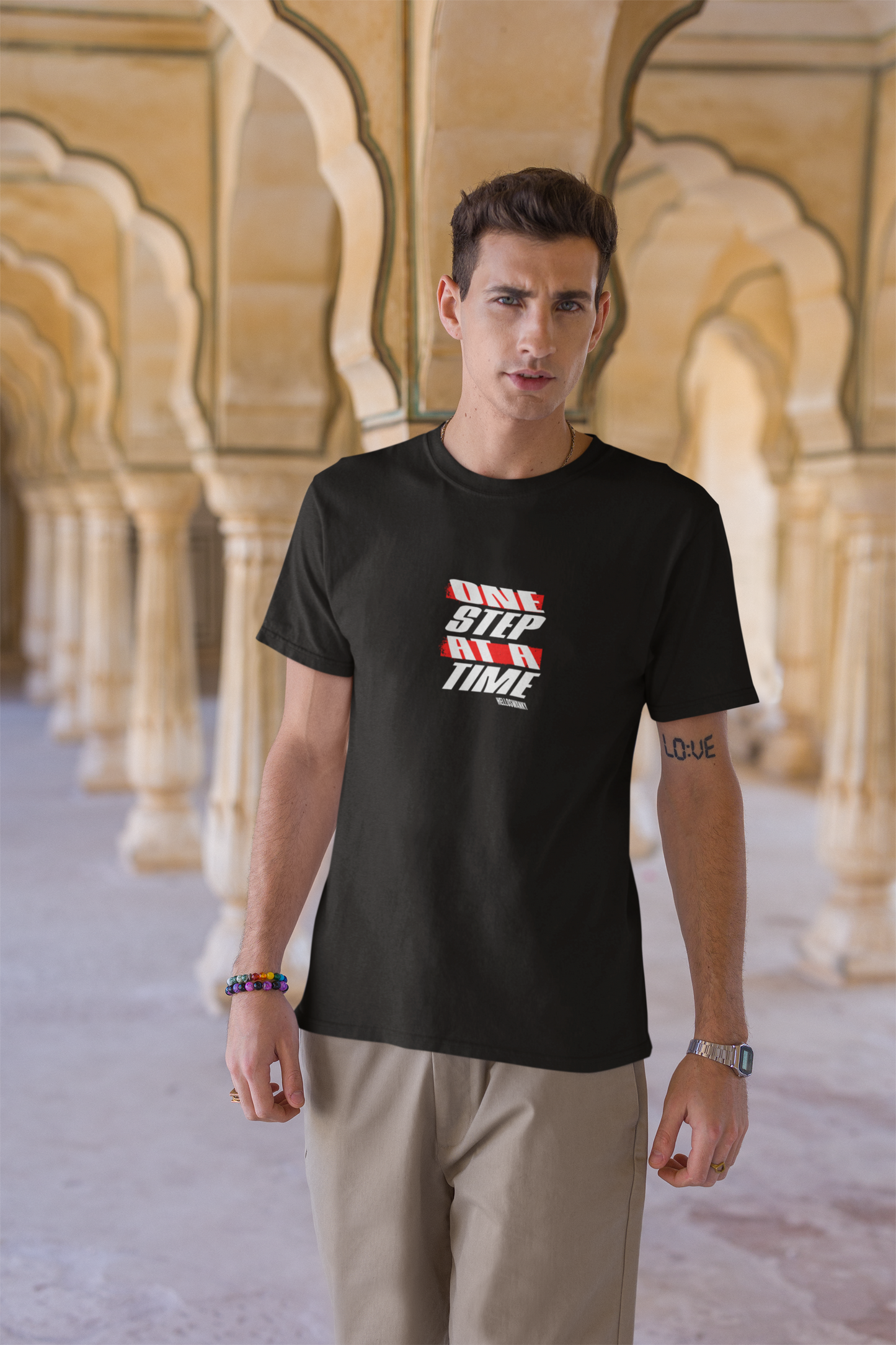One Step at a Time Men Black Half Sleeve T-Shirt Round Neck
