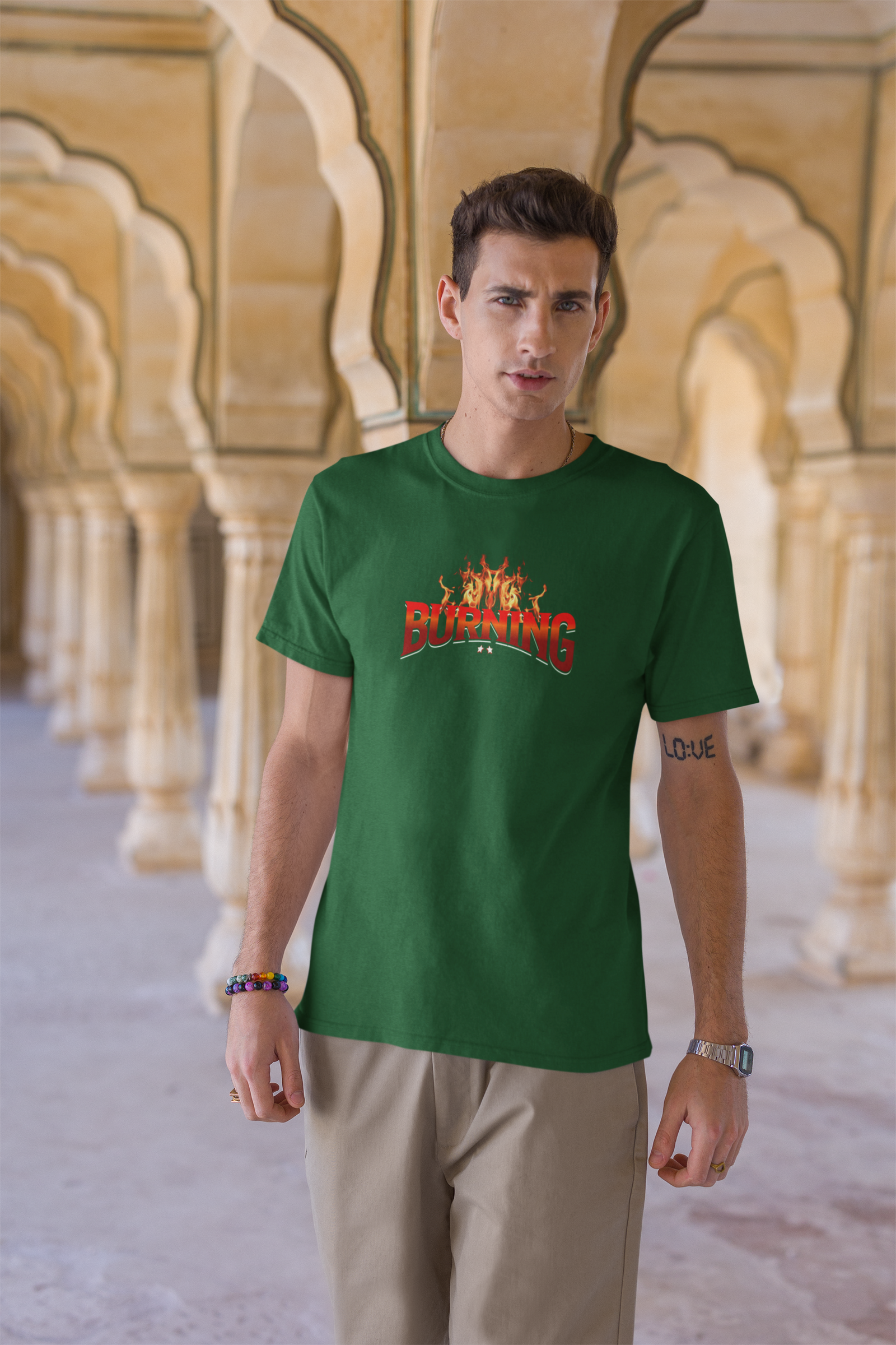 Burning Bottle Green Half Sleeve Round Neck T-Shirt Style