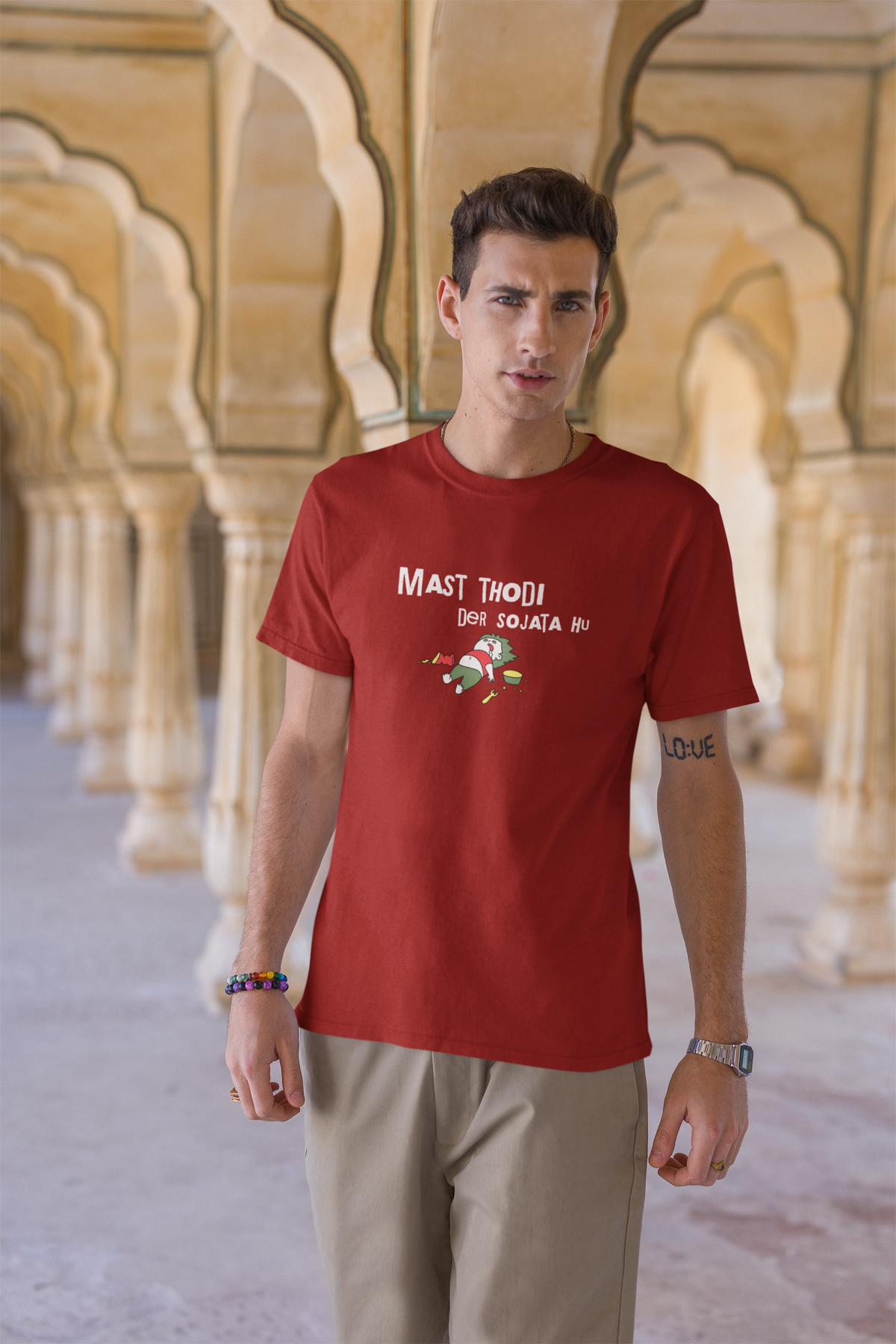 Mast Thodi Der So Jata Hua Half Sleeve Maroon Round Neck T-Shirt for Men by Hello Swanky
