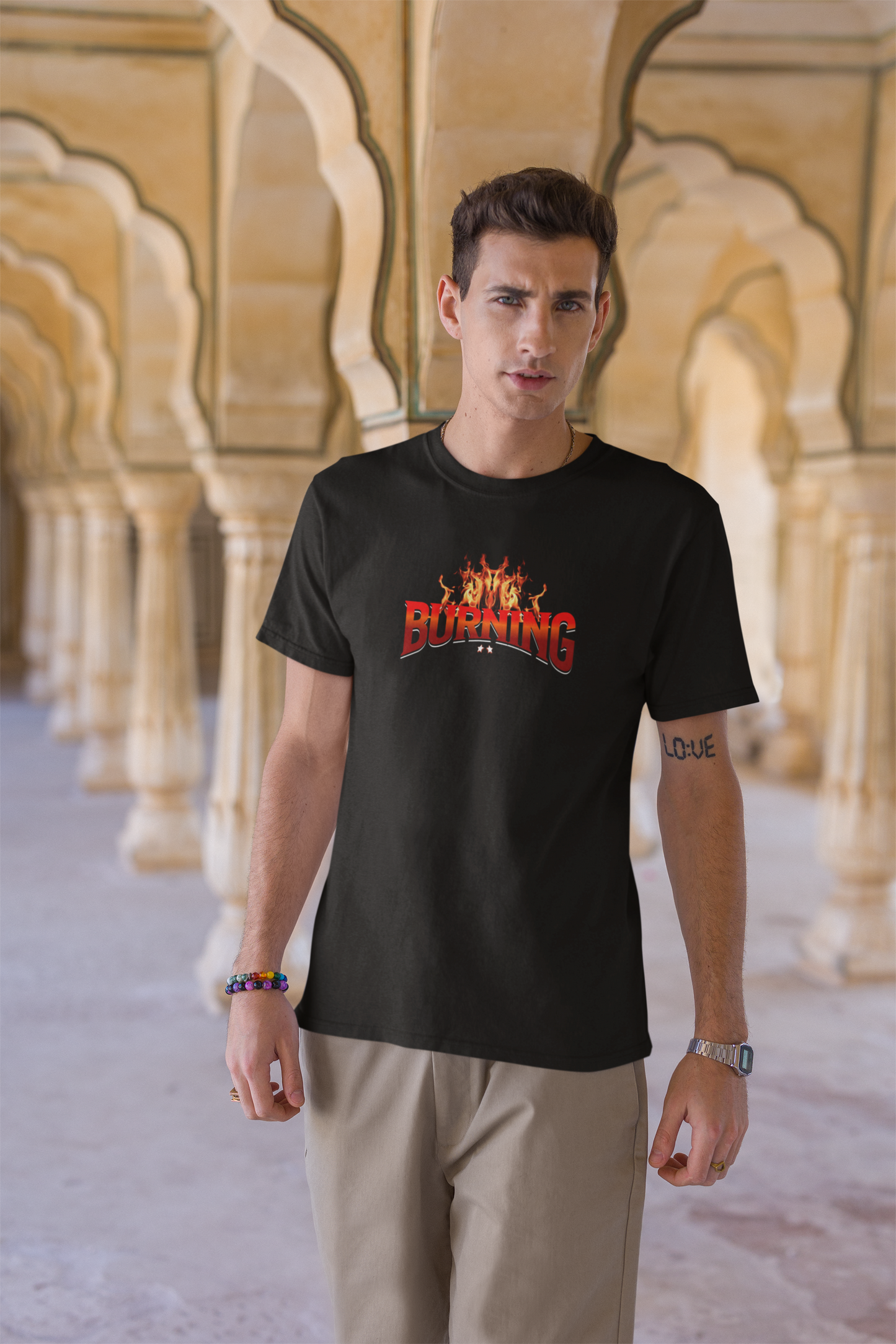 Burning Half Sleeve Round Neck T-Shirt Bold Street Style