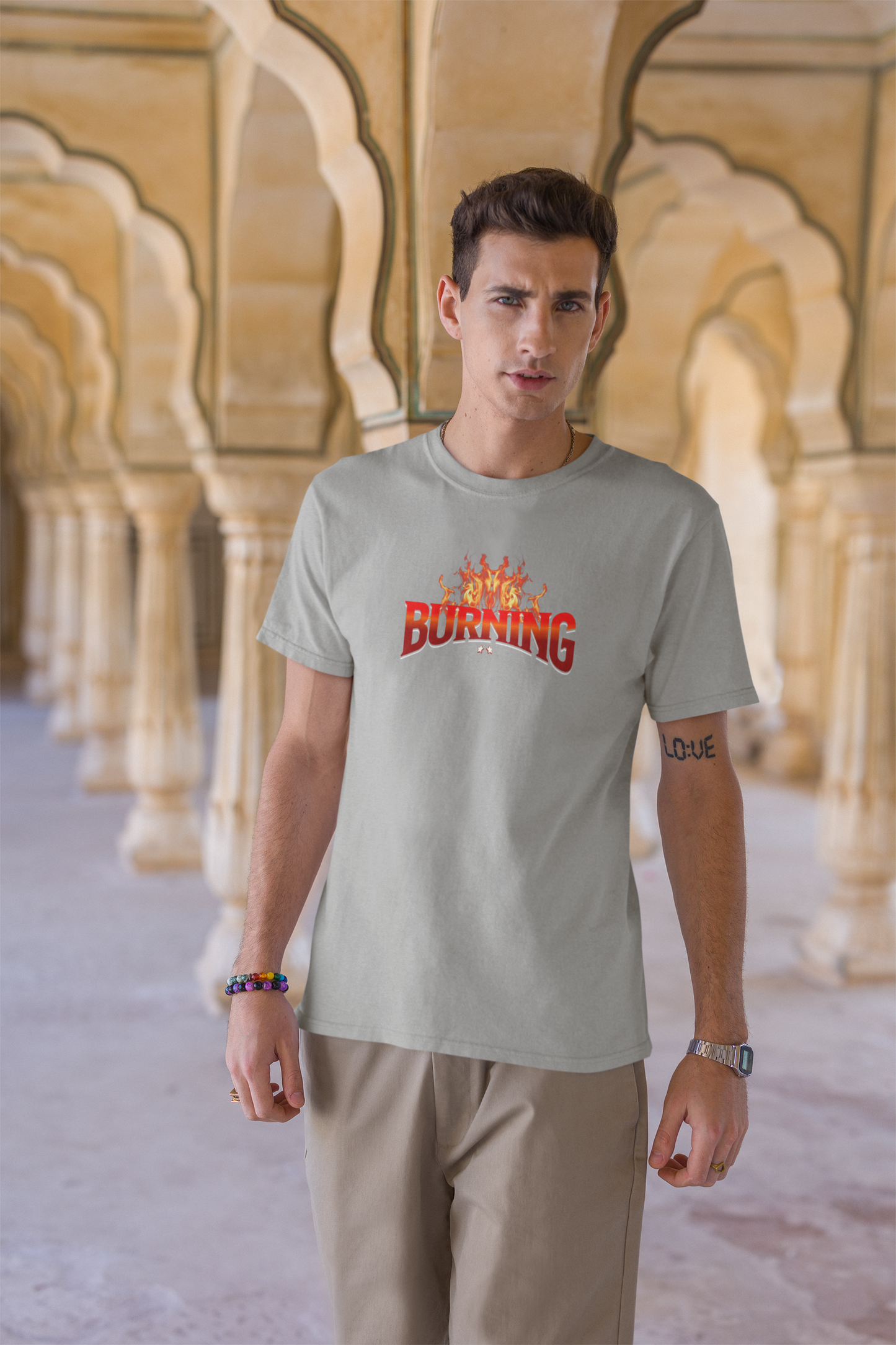 Burning Grey Half Sleeve Round Neck T-Shirt Street Style