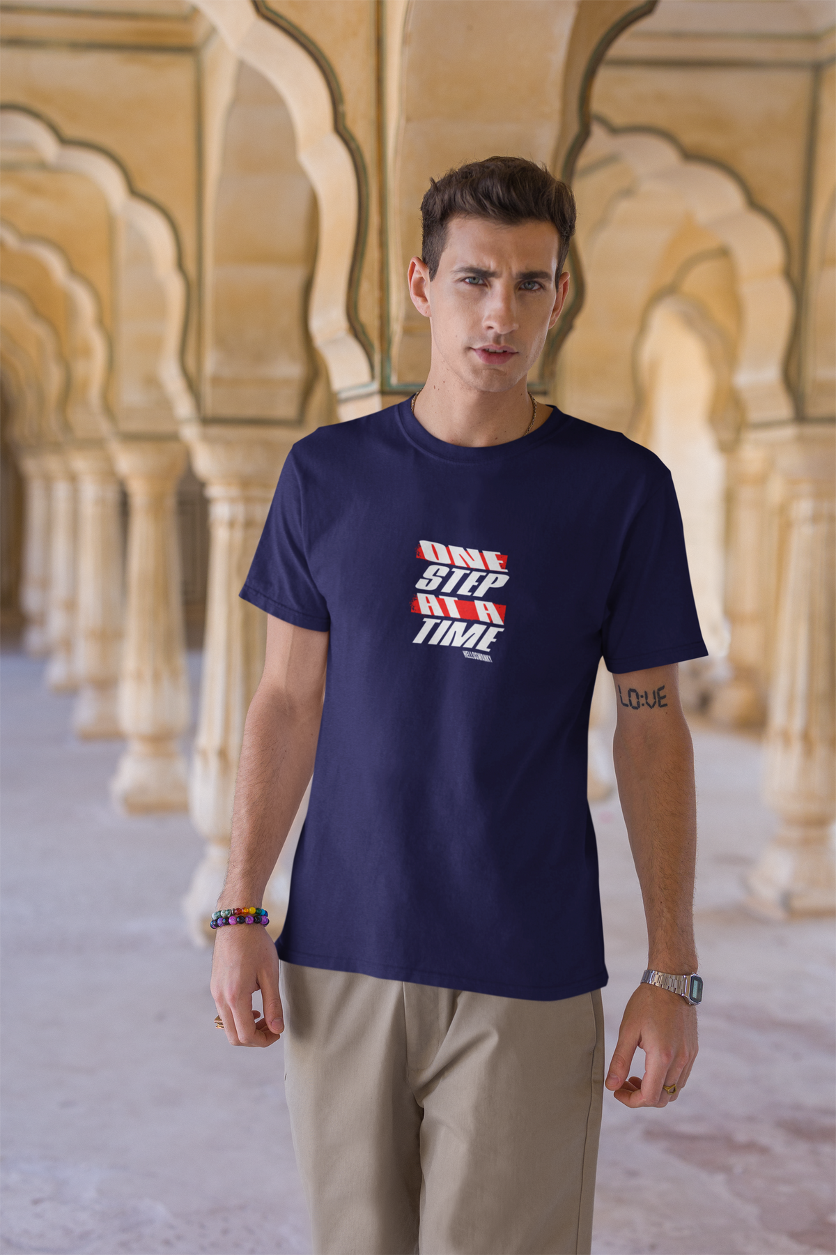 One Step at a Time Half Sleeve Navy Blue Round Neck T-Shirt for Men by Hello Swanky