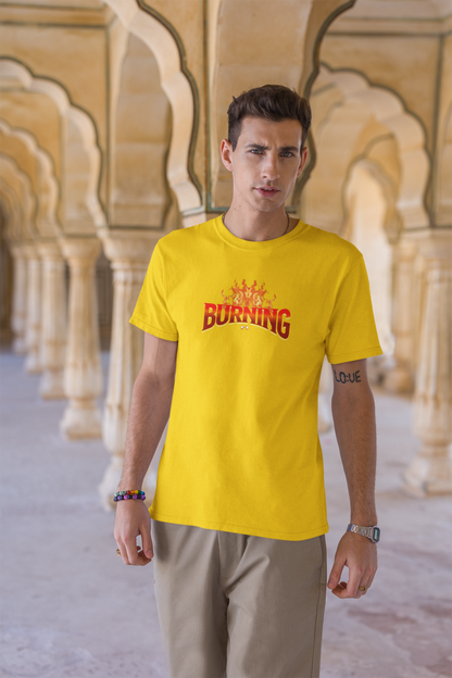 Burning Half Sleeve Yellow Round Neck T-Shirt Stylish Wear