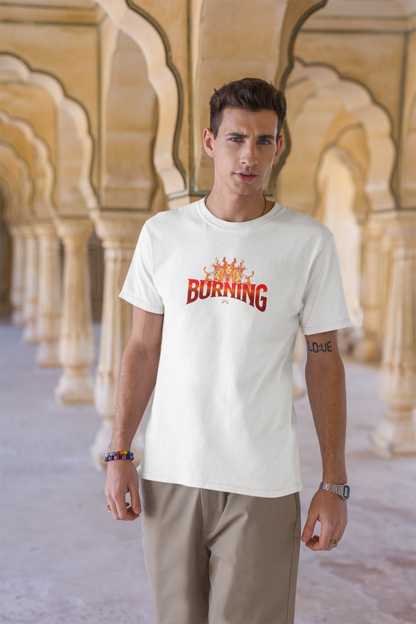 Burning White Half Sleeve Round Neck T-Shirt Street Style