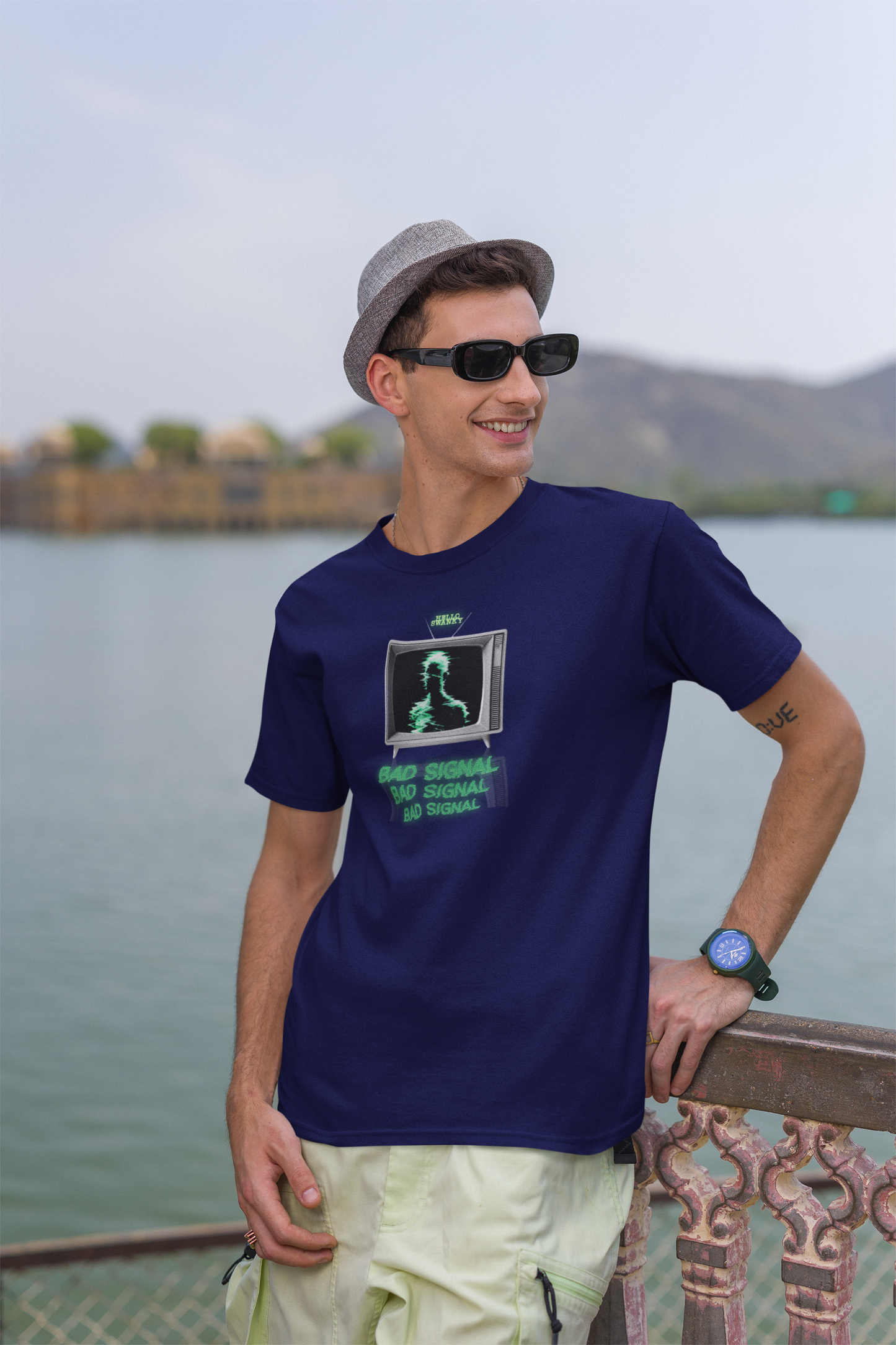Bad Signal Half Sleeve Navy Blue Round Neck T-Shirt Trendy