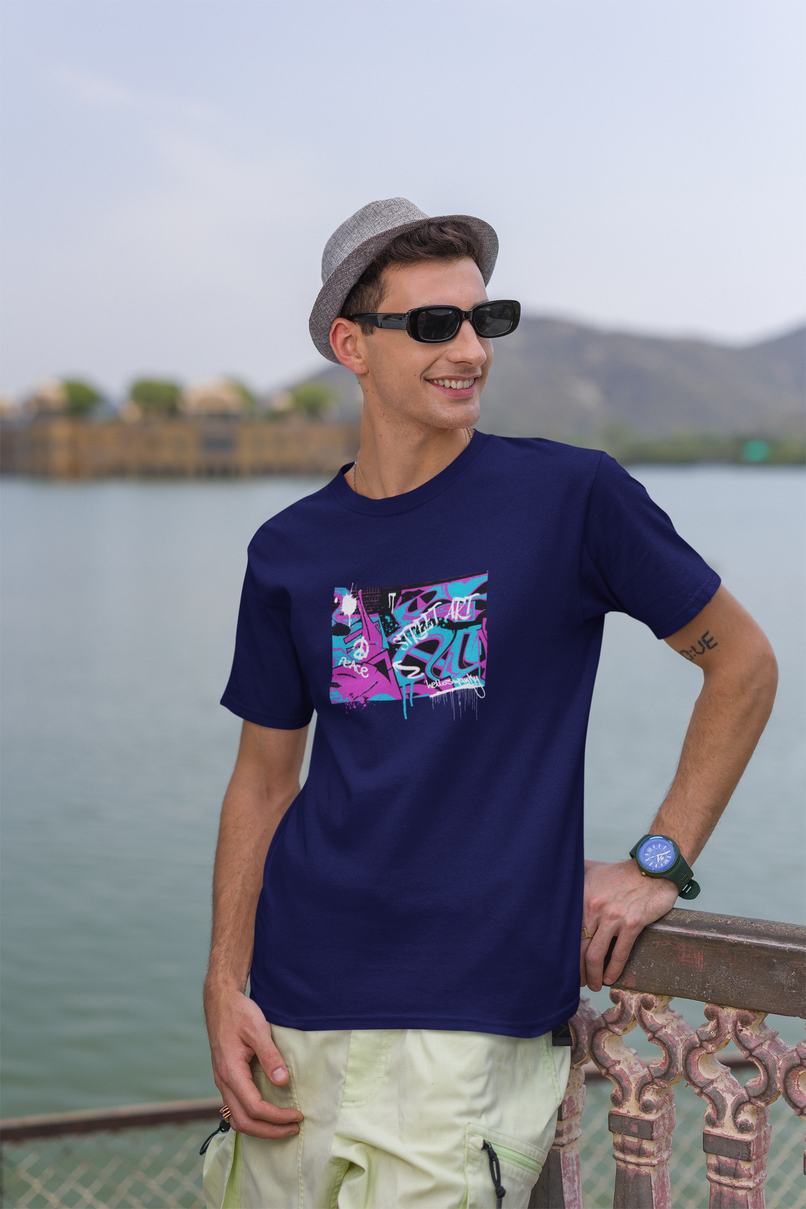 Street Art Half Sleeve Navy Blue Round Neck T-Shirt