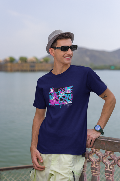 Street Art Half Sleeve Navy Blue Round Neck T-Shirt
