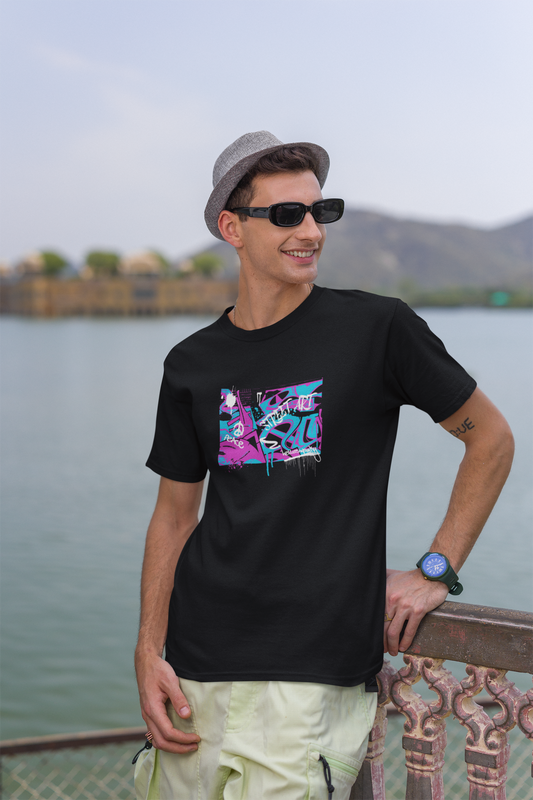 Street Art Half Sleeve Black Round Neck T-Shirt Casual Tees