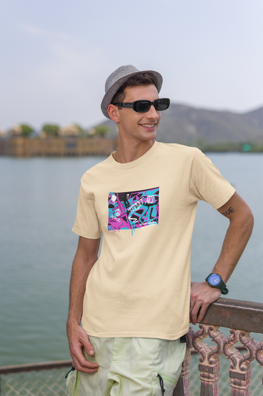 Street Art Half Sleeve Beige Round Neck T-Shirt Casual Tees