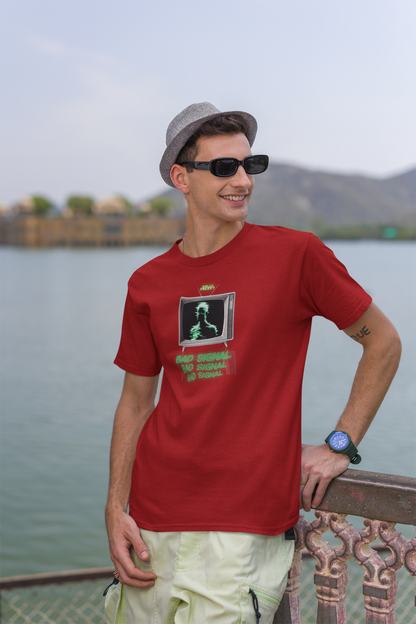Bad Signal Half Sleeve Maroon Round Neck T-Shirt for Casual