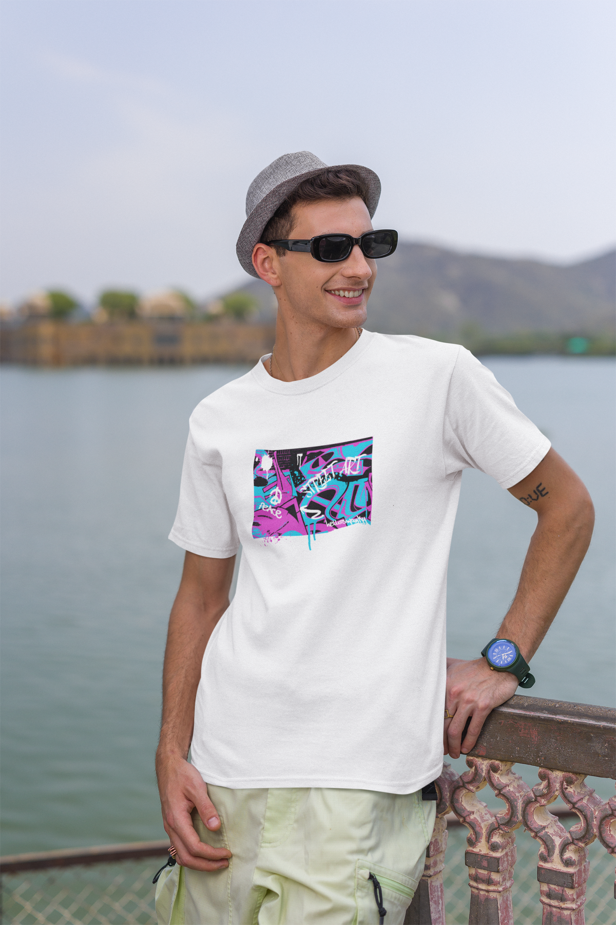 Street Art Half Sleeve White Round Neck T-Shirt for Men by Hello Swanky