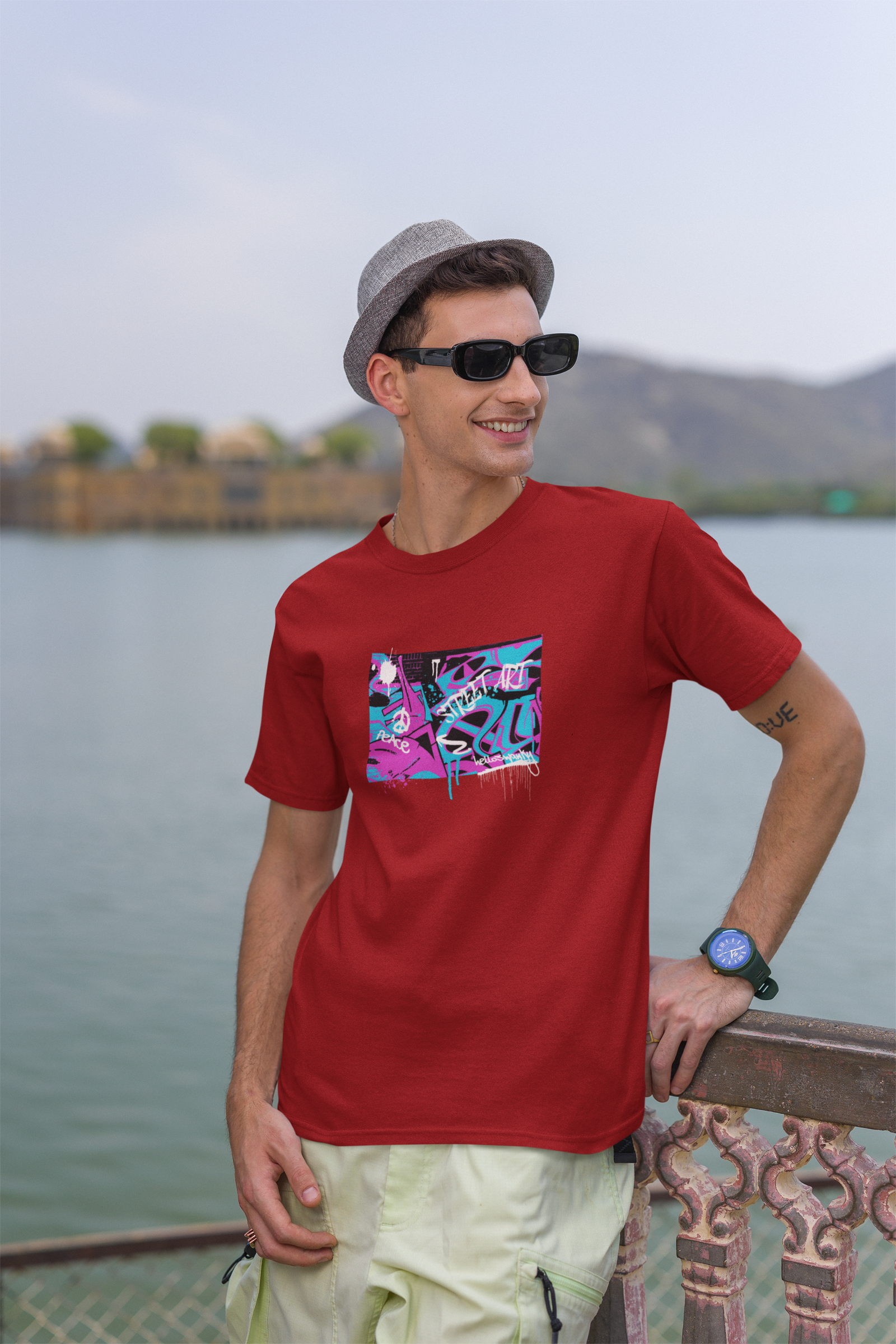Street Art Half Sleeve Maroon Round Neck T-Shirt Casual Tees