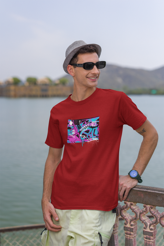 Street Art Half Sleeve Maroon Round Neck T-Shirt Casual Tees