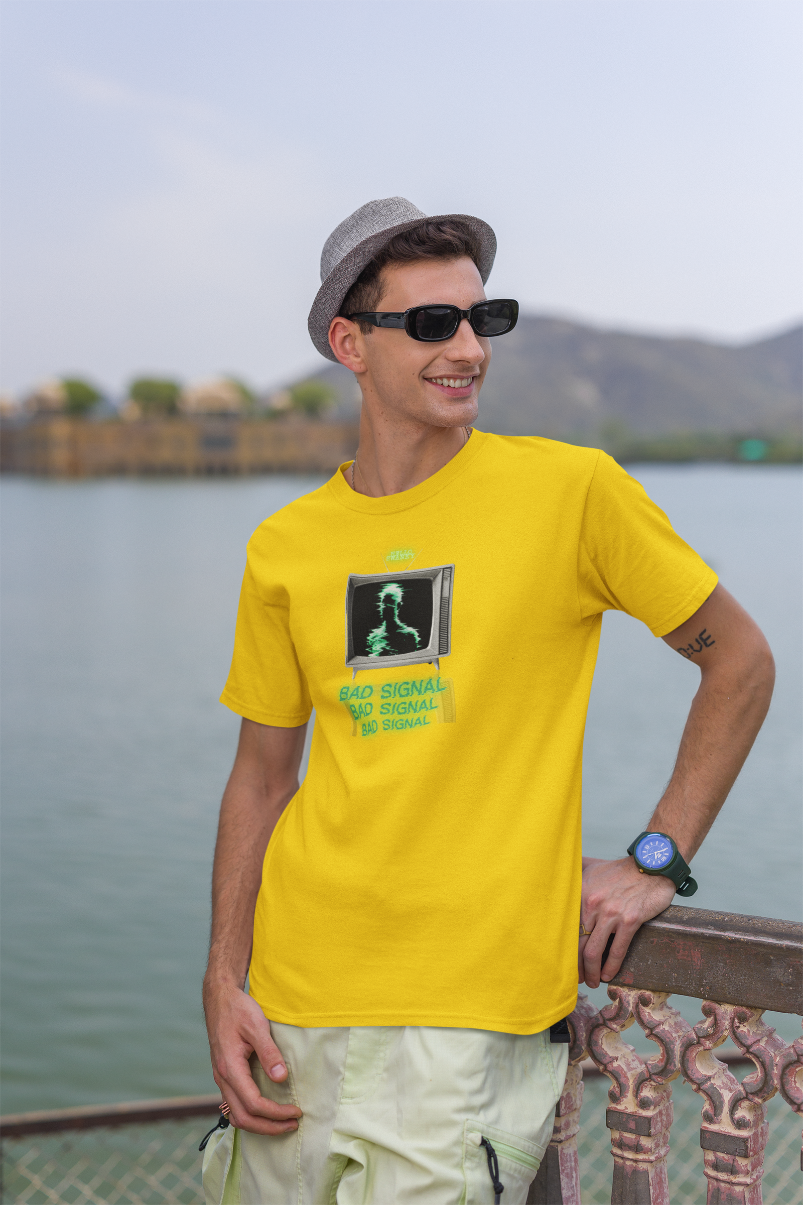 Bad Signal Half Sleeve Yellow T-Shirt for Men’s Casual Wear