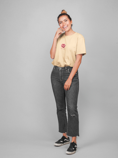 Kisses half sleeve beige oversized t-shirt for women by hello swanky