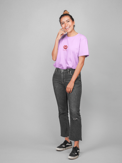 Kisses half sleeve lavender oversized t-shirt for women by hello swanky