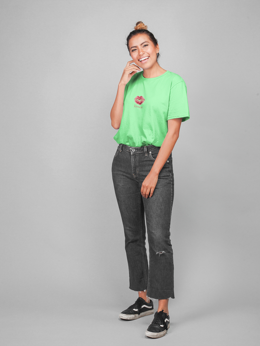 Kisses half sleeve saga green oversized t-shirt for women by hello swanky